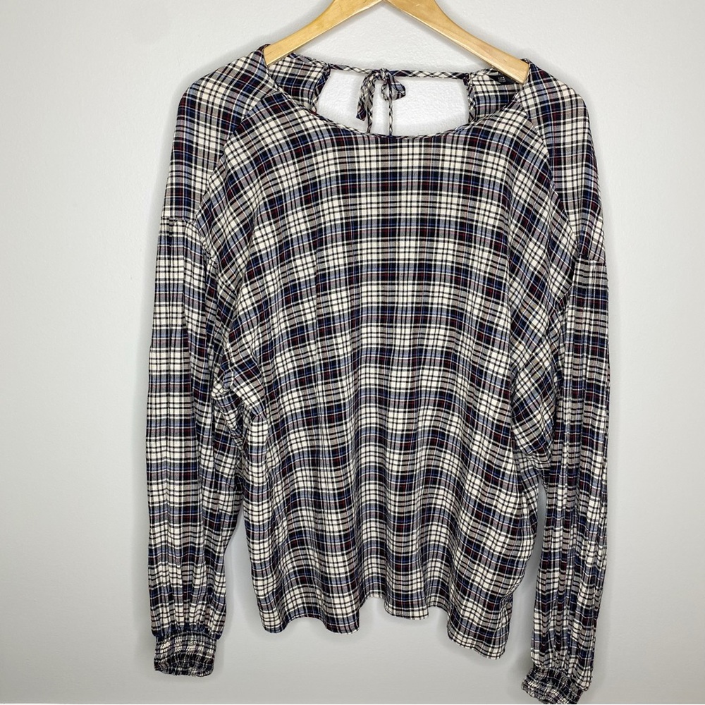 ZARA BASIC Plaid Long Sleeve Tie back Blouse
